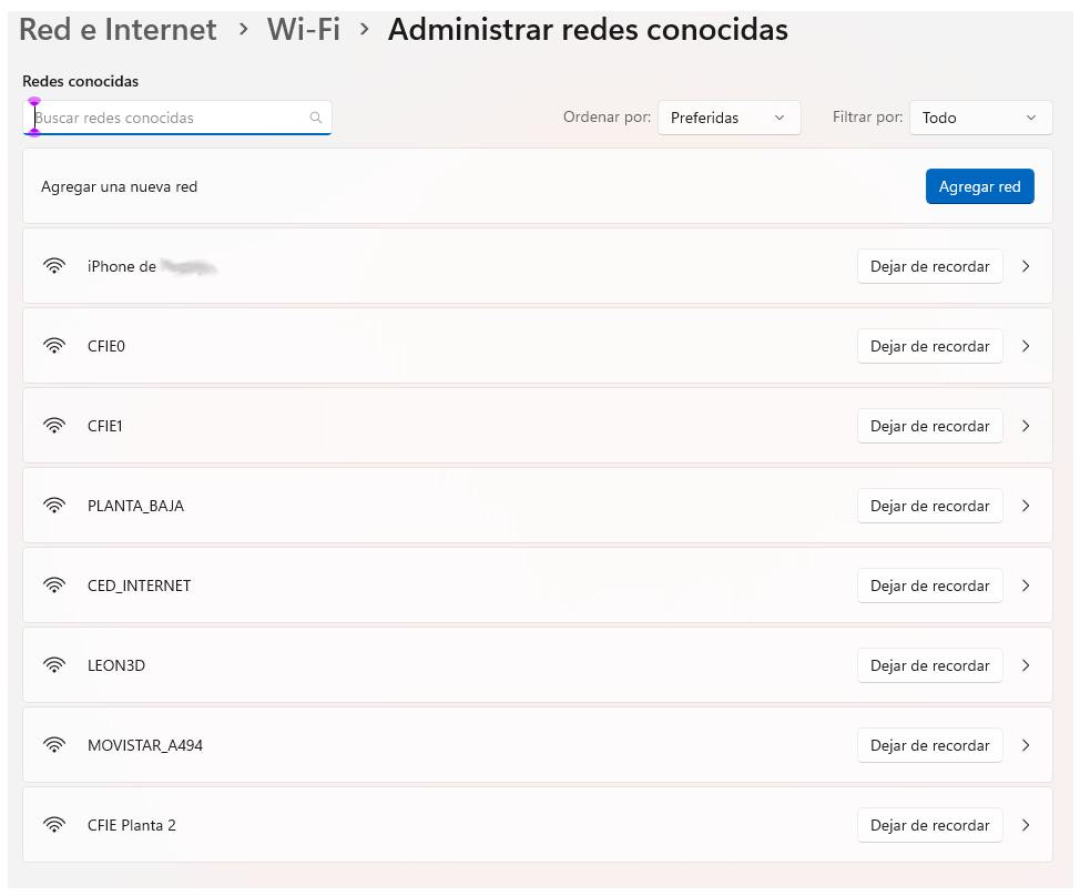 Administrar redes conocidas Administrar redes conocidas