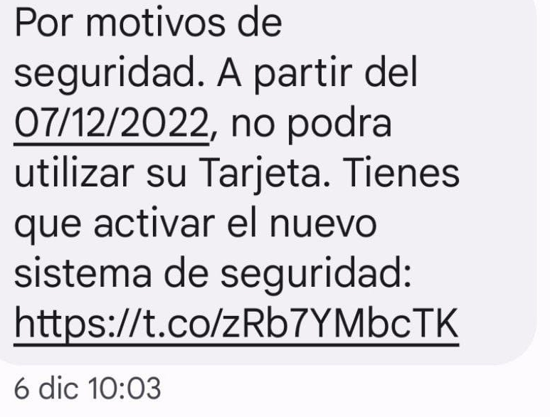 Smishing. Robo datos tarjeta de crédito.