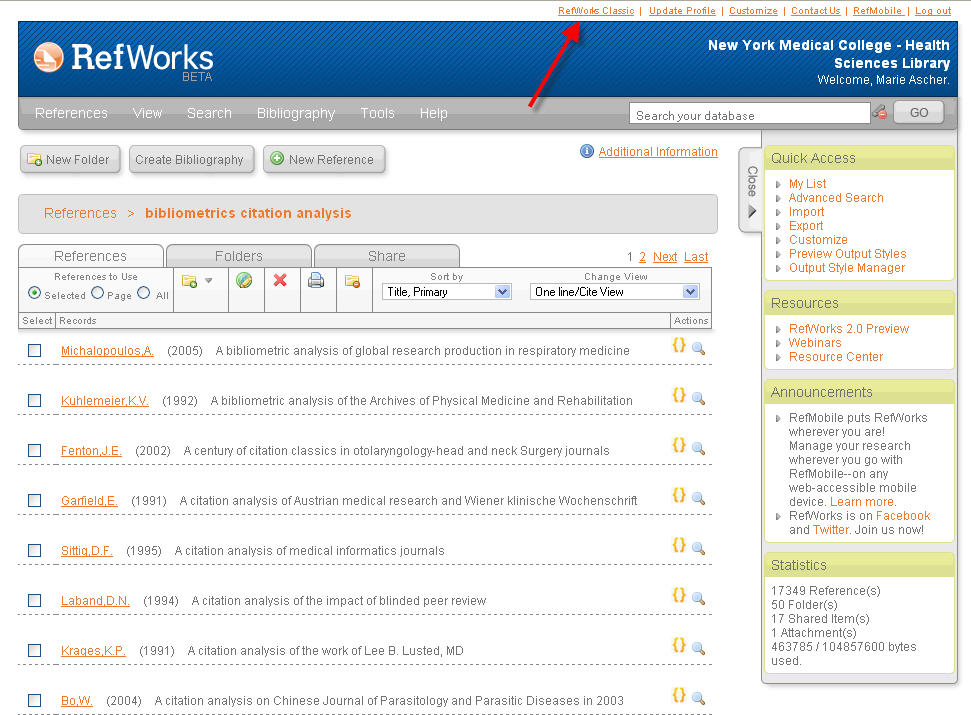 Ejemplo de interfaz de Refworks