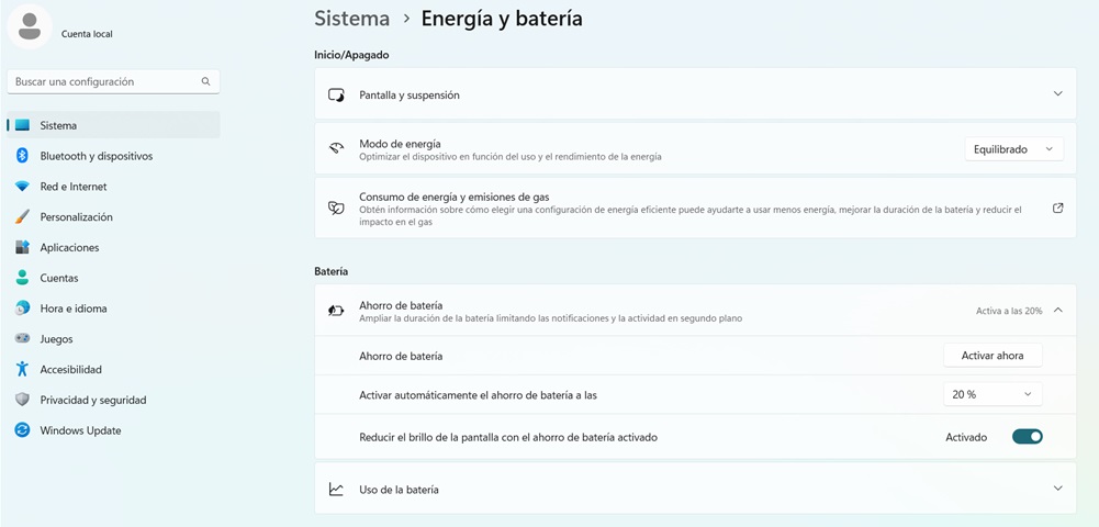 Configuración Windows ahorro batería