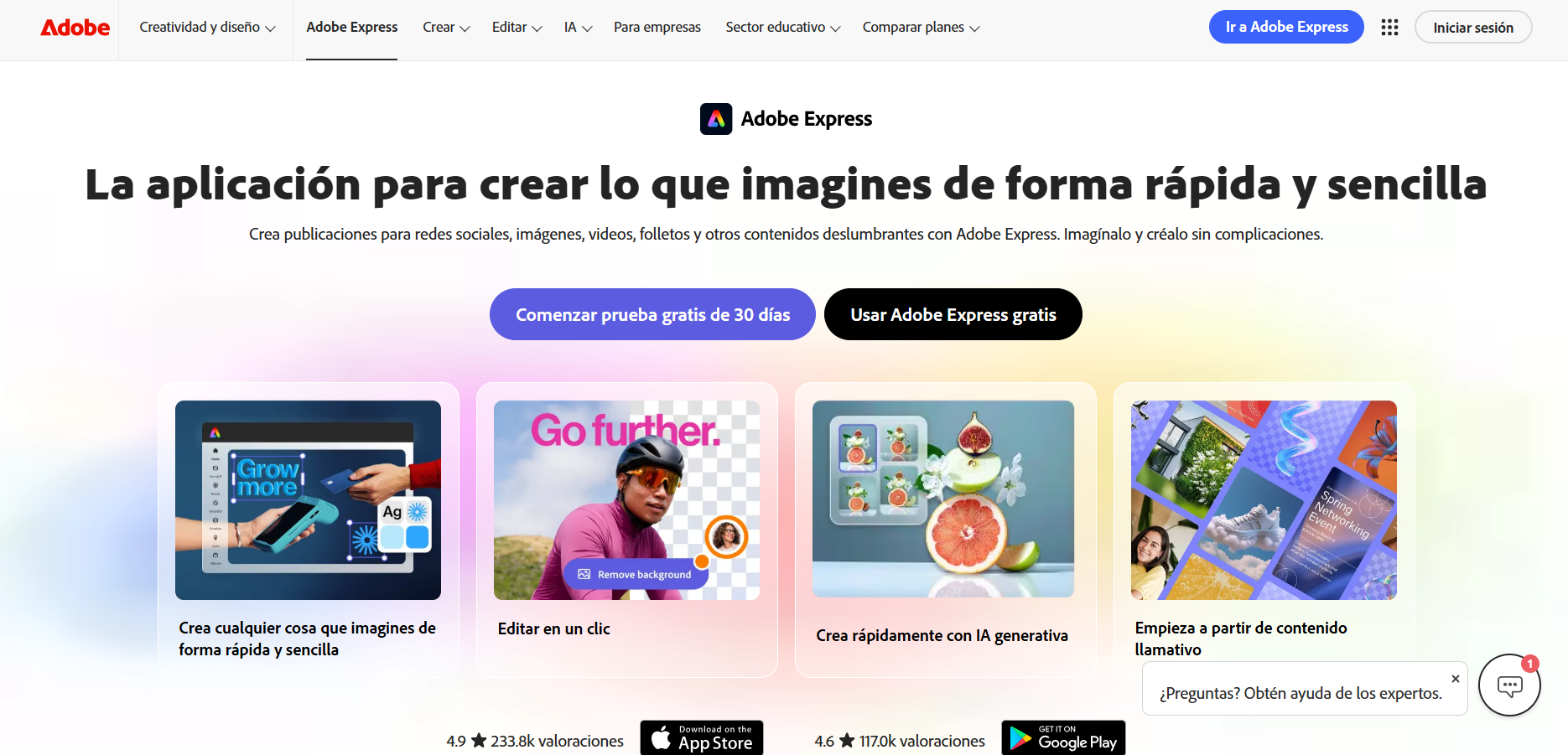 Interfaz Adobe Express