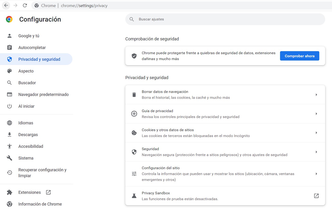 Ventana de opciones de privacidad y seguridad de Chrome