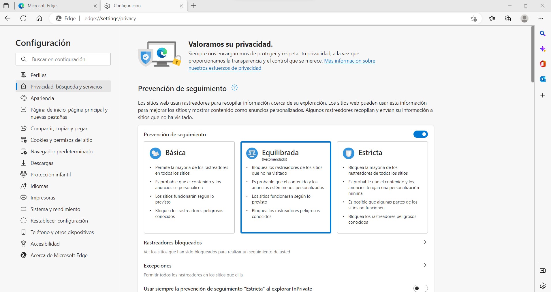 Ventana de las opciones de privacidad, búsqueda y servicios de Edge