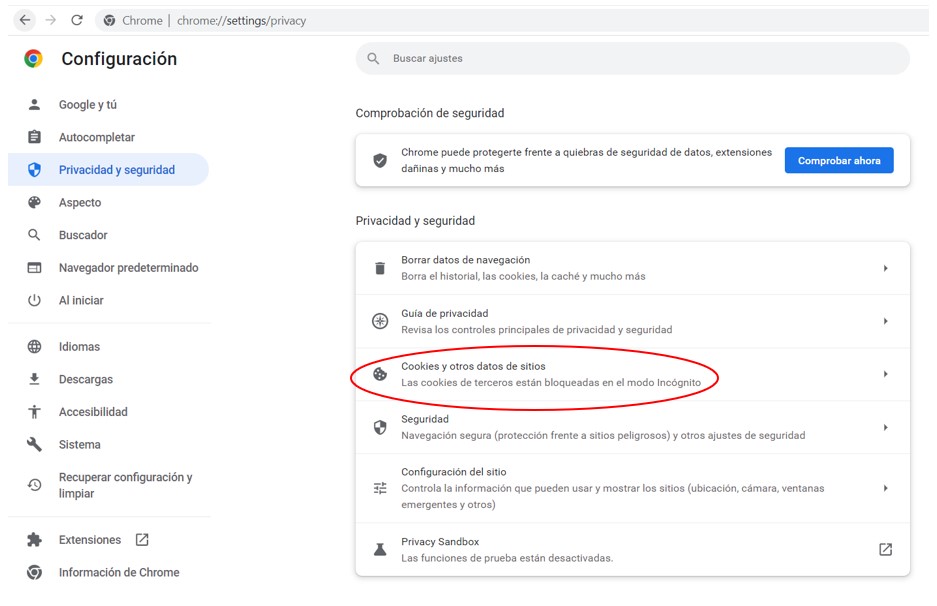 Ventana de acceso a la configuración de cookies en el navegador Chrome