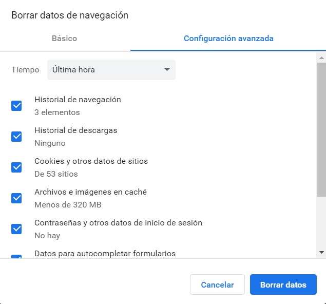 Ventana de opciones de borrado de los datos de navegación en el navegador Chrome