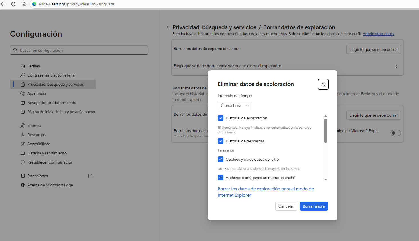 cómo borrar datos en navegador Edge