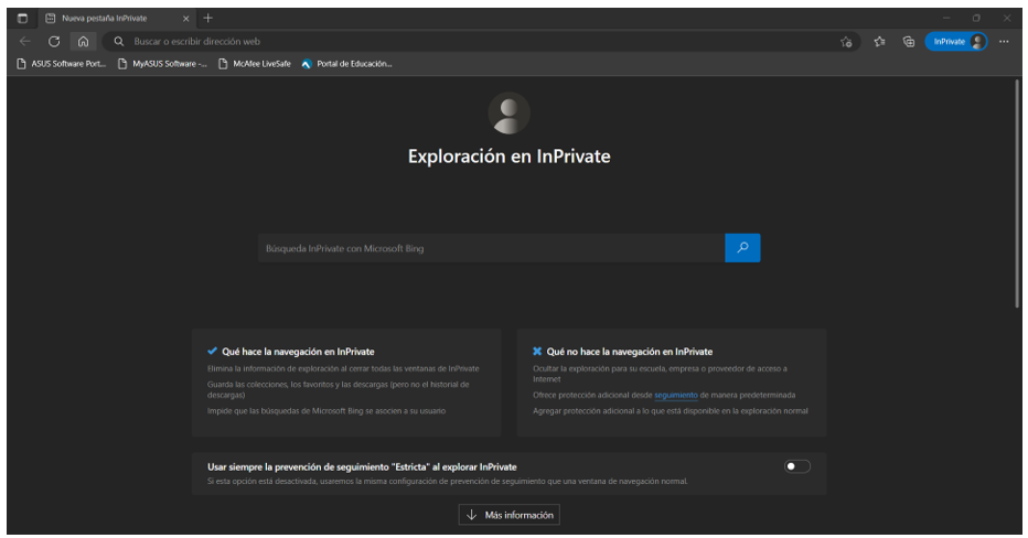 Ventana de navegación privada en Edge