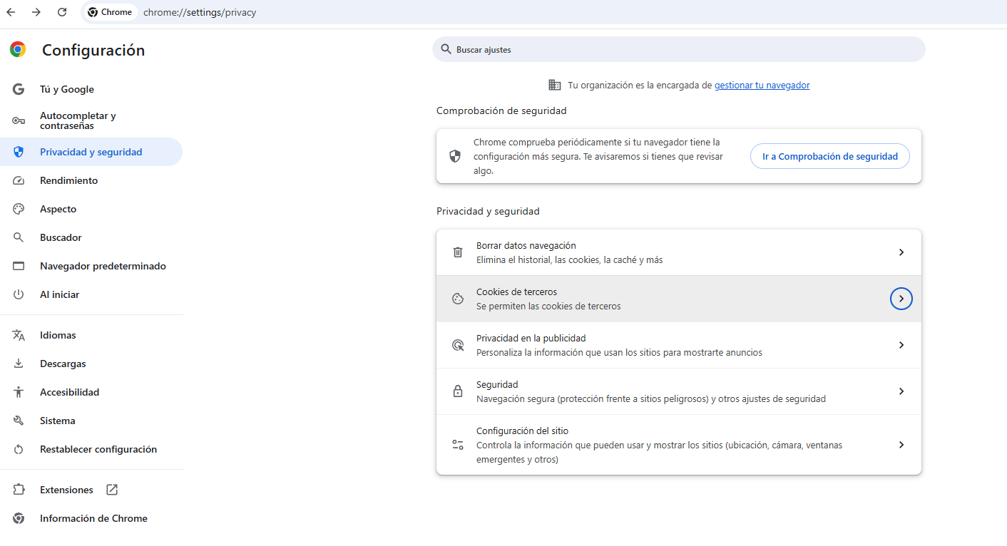 Gestión de cookies en navegador Chrome