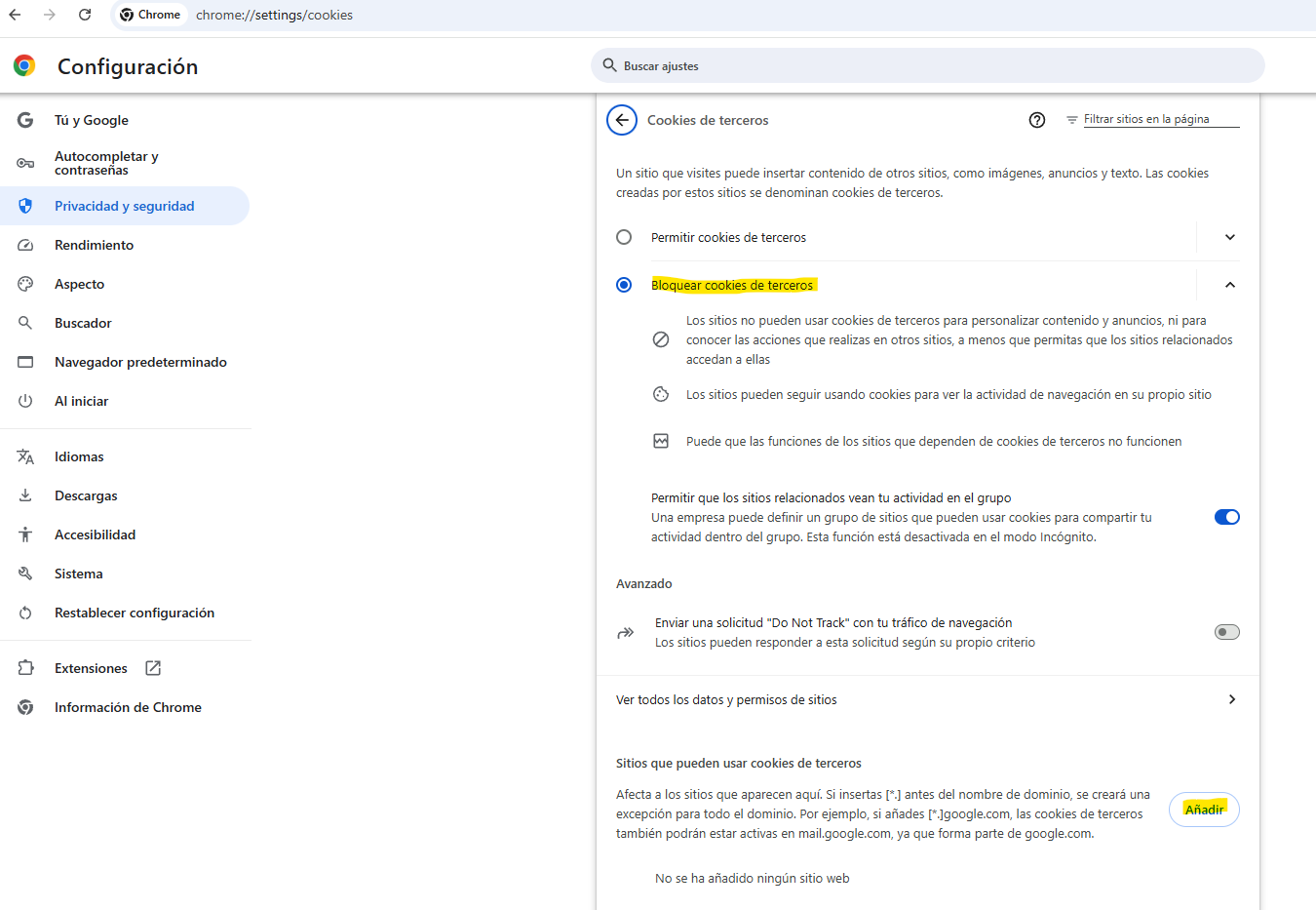 Bloqueo de cookies en Chrome