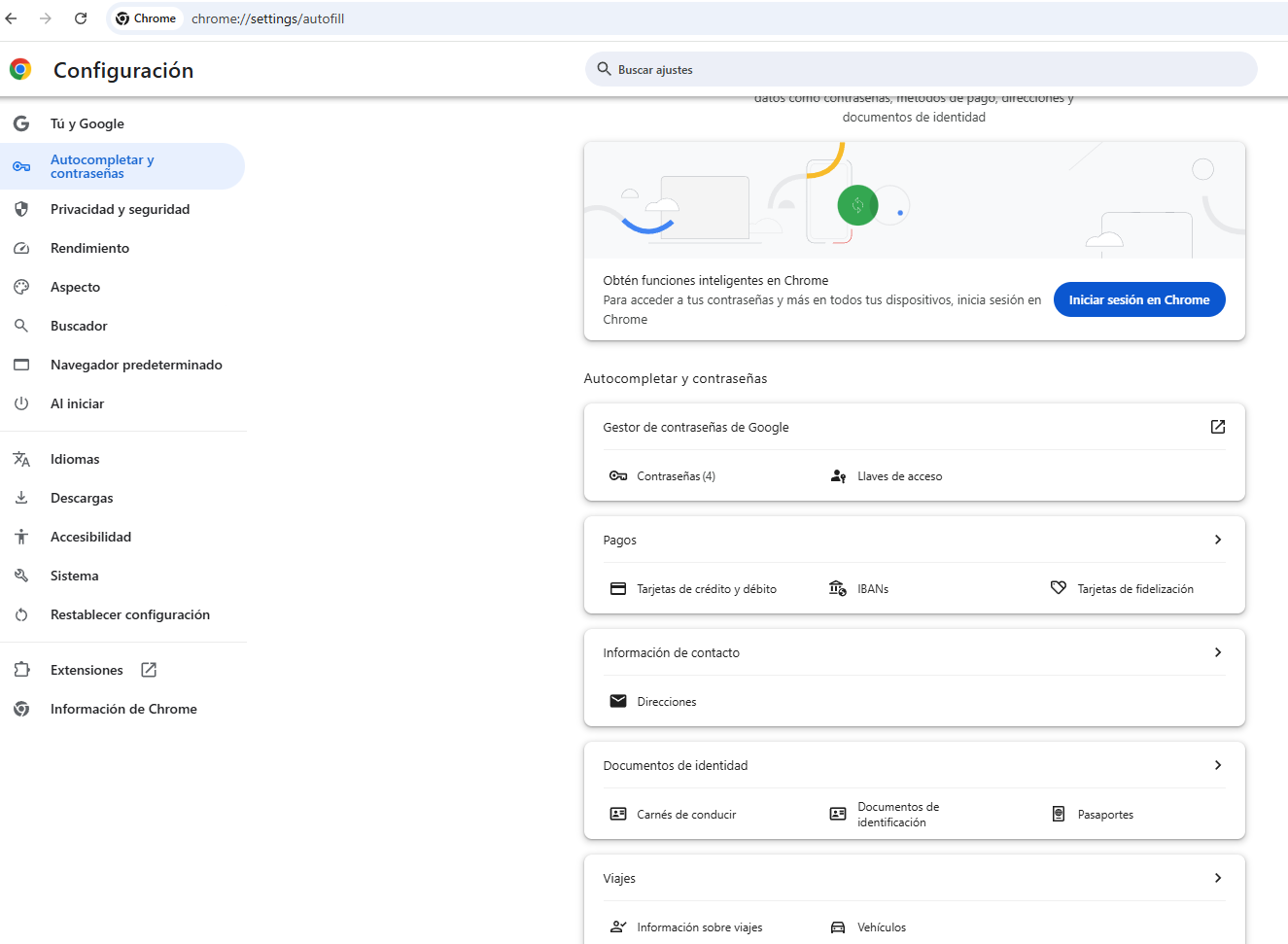 opciones de autocompletado y contraseñas en el navegador Chrome