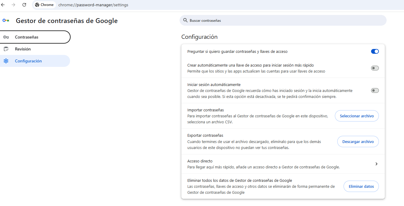 opciones de configuración del gestor de contraseñas en Chrome