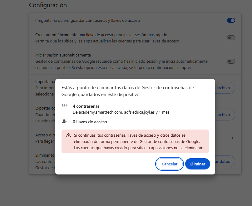 Eliminar datos en gestor de contraseñas de Chrome