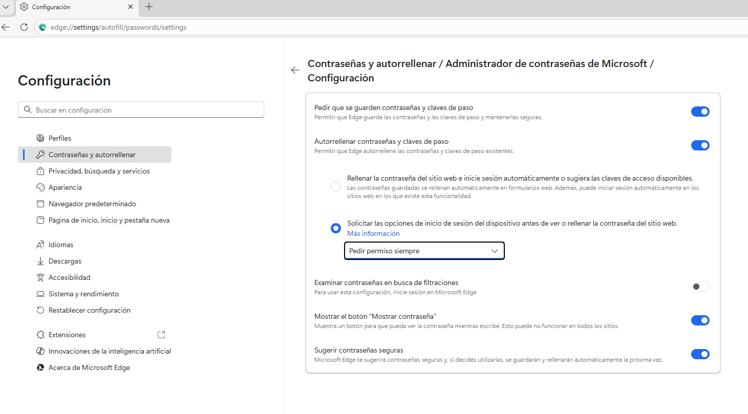 cómo gestionar las contraseñas en el navegador Edge