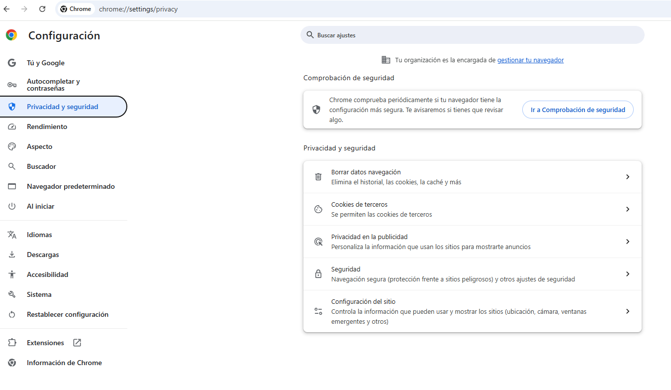 Accesi a ajustes de privacidad y seguridad en Chrome