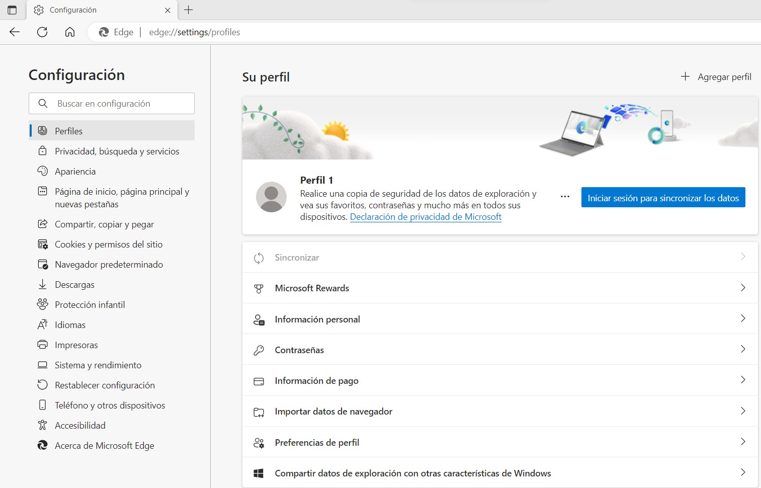 Menú de configuración de Edge