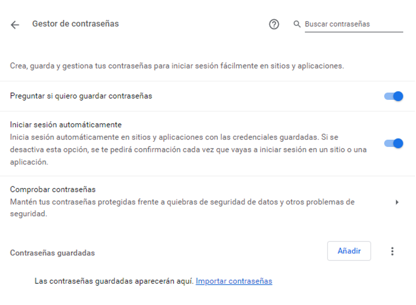 Ventana de opciones del gestor de contraseñas de Chrome