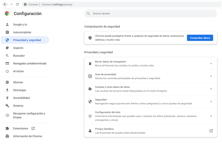 Ventana de opciones de configuración de Chrome