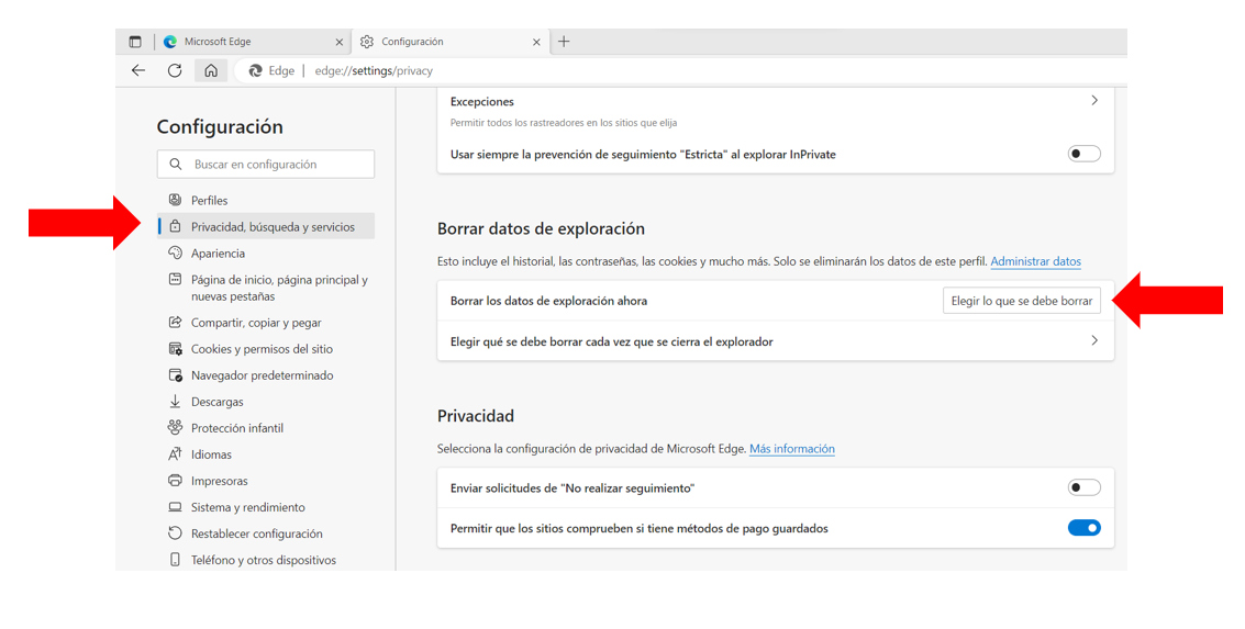 Ventana de opciones de configuración de Edge
