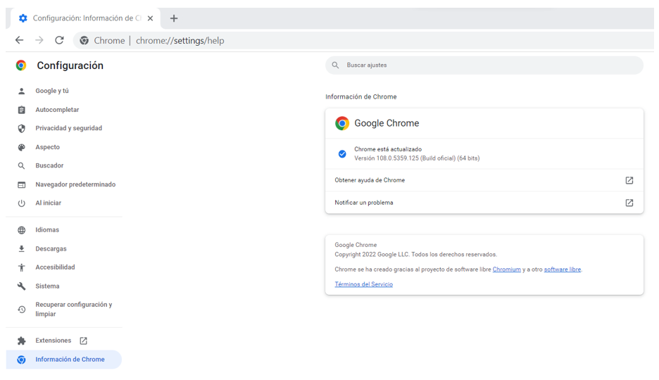Ruta de acceso para averiguar la versión de Chrome