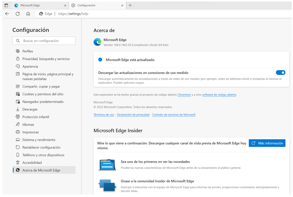 Ruta de acceso para averiguar la versión de Edge