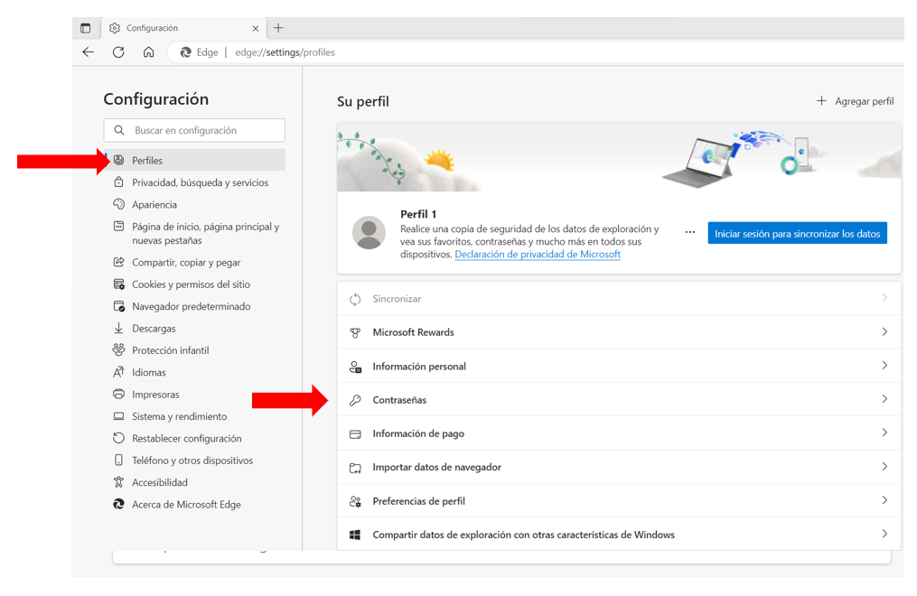 Ruta de acceso a las contraseñas guardadas en Edge
