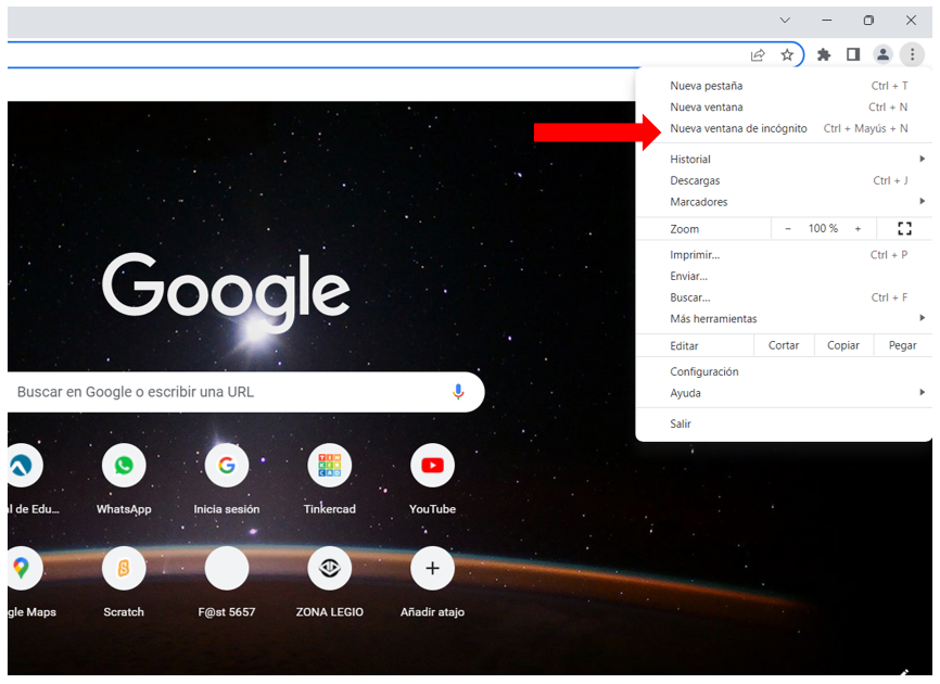 Ruta de acceso a la ventana de incognito de Chrome