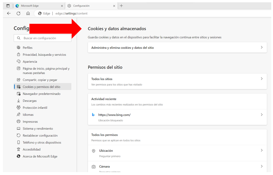 Ventana del menú de configuración de Edge