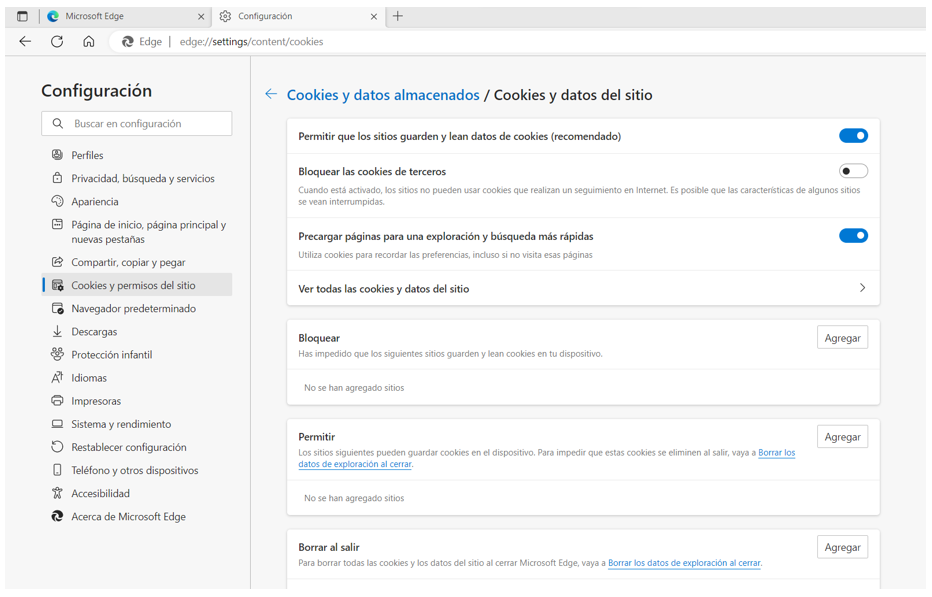 Ventana de opciones de configuración de cookies en Edge