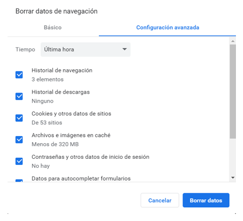 Ventana de opciones de borrado en Chrome