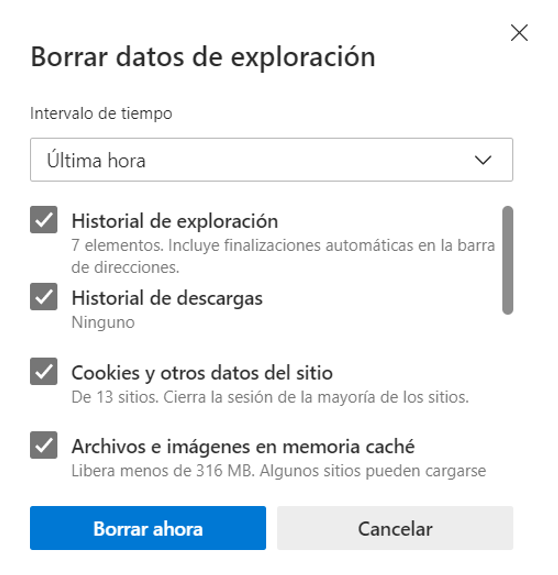 Ventana de opciones de borrado en Edge