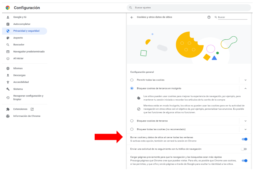 Ventana de opciones de configuración de cookies en el navegador Chrome