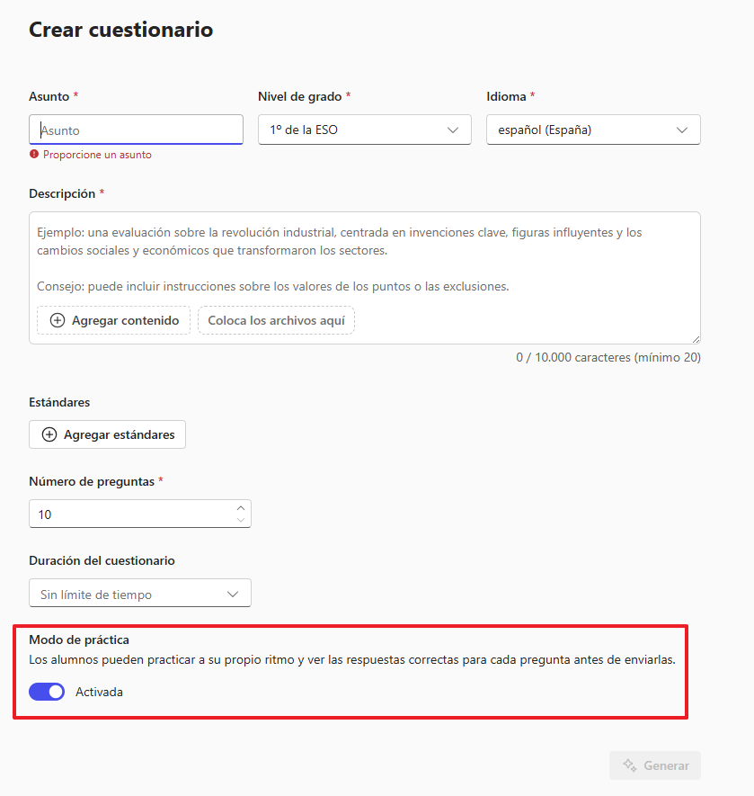 Cuestionario con Modo práctica