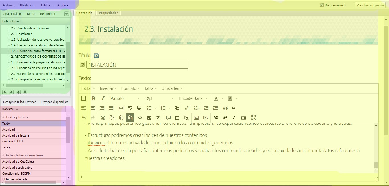 Zonas de trabajo de eXeLearning
