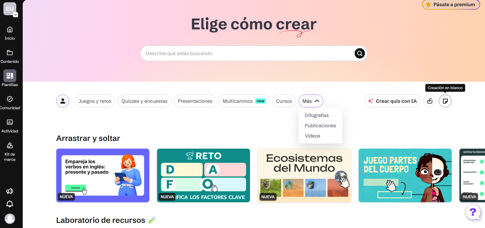 Distintas opciones de creación