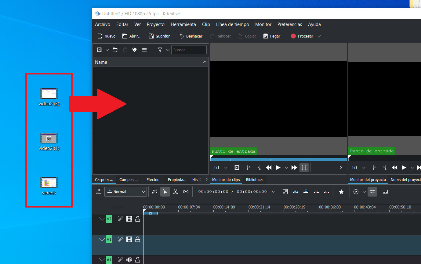 Arrastrar clips al árbol de proyecto