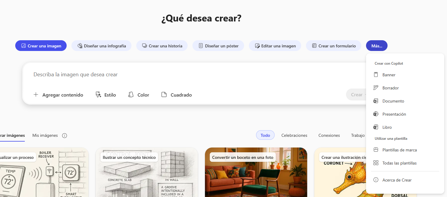 Pantallazo de las herramientas de Crear