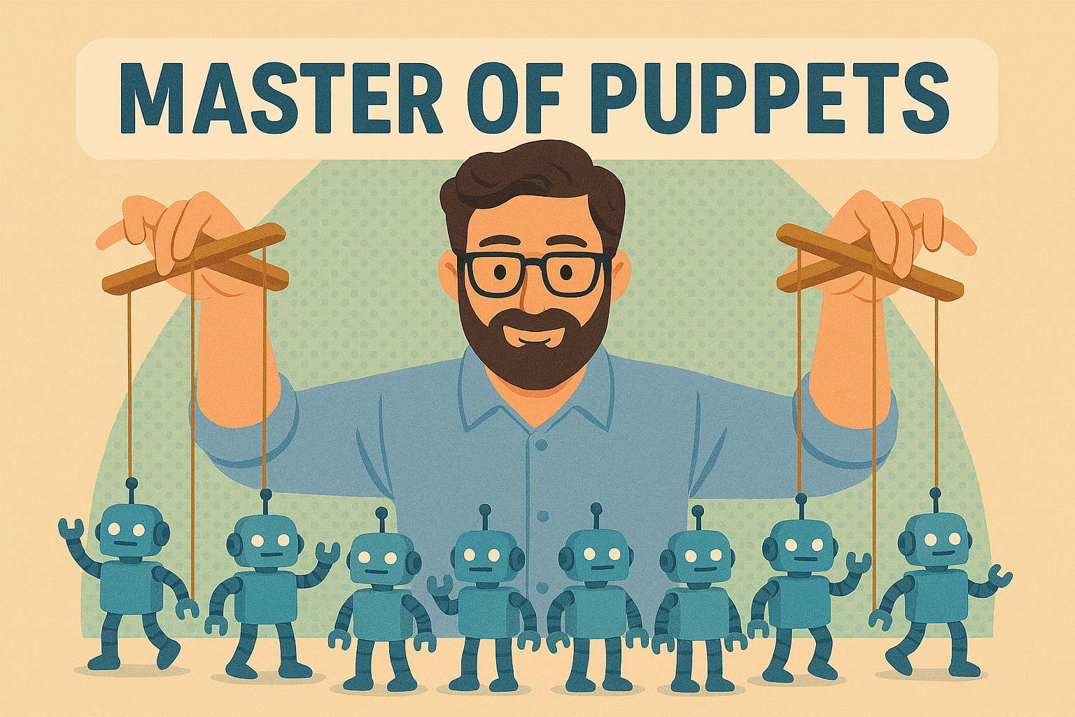 Alegoría de un profesor siendo el mater of pupptes de un montón de robotitos.