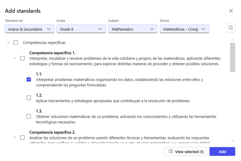 Pantallazo del final de Add Standards seleccionando Compentencias específicas