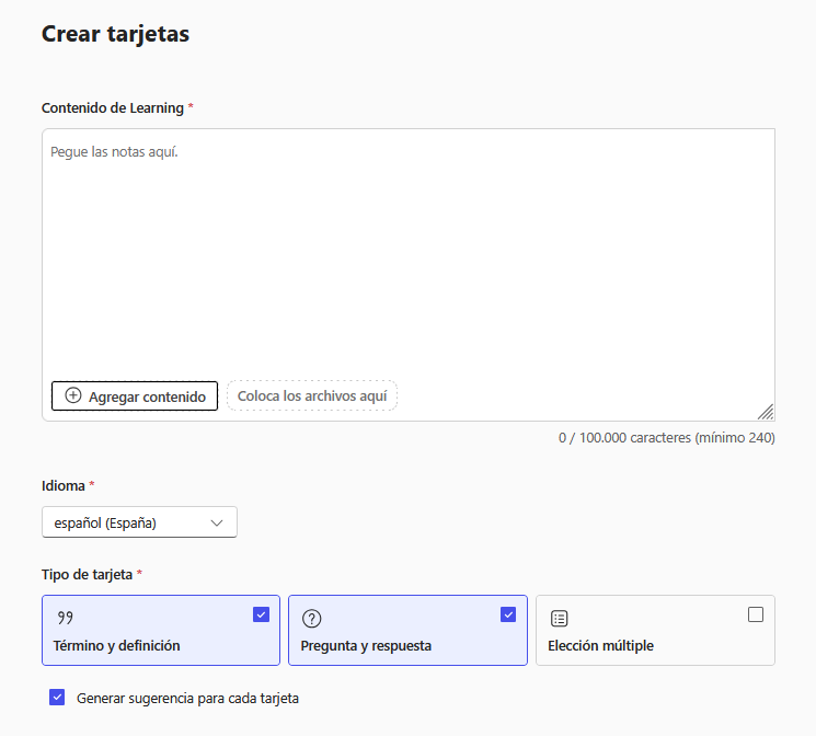 Pantallazo del como configurar la creación de Tarjetas
