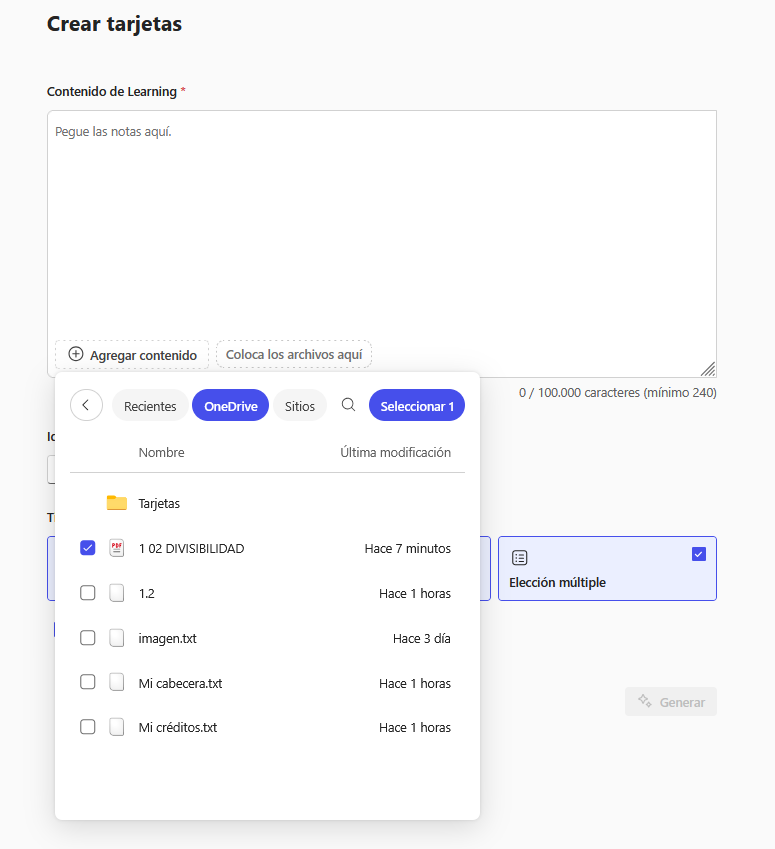 Pantallazo del como configurar la cargar contenido para crear las Tarjetas