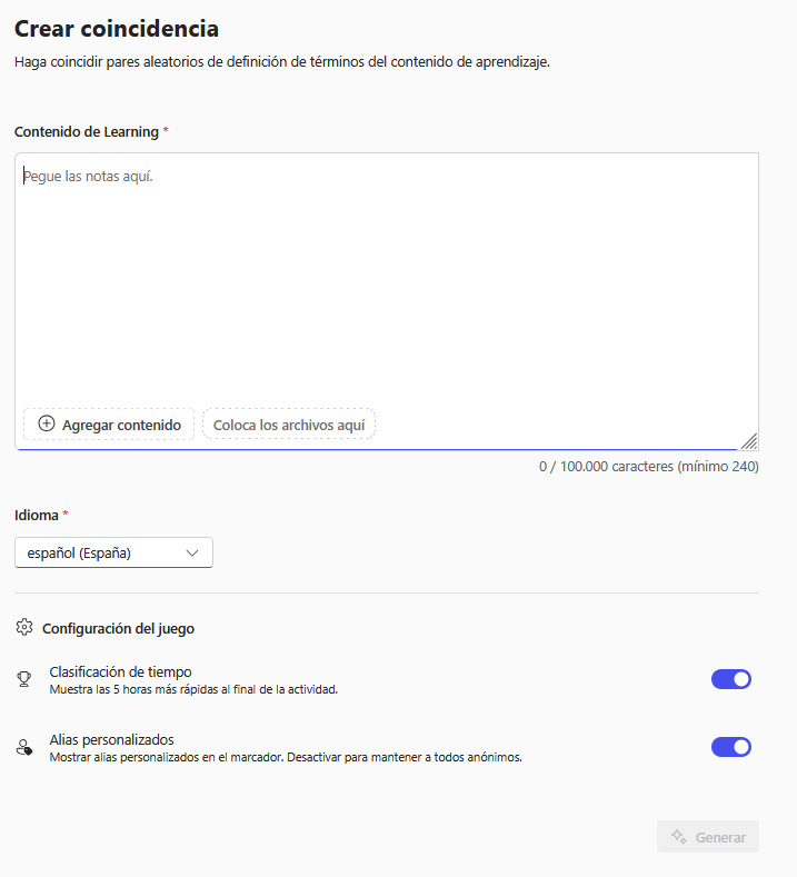 Pantallazo de la configuración de Coincidencia