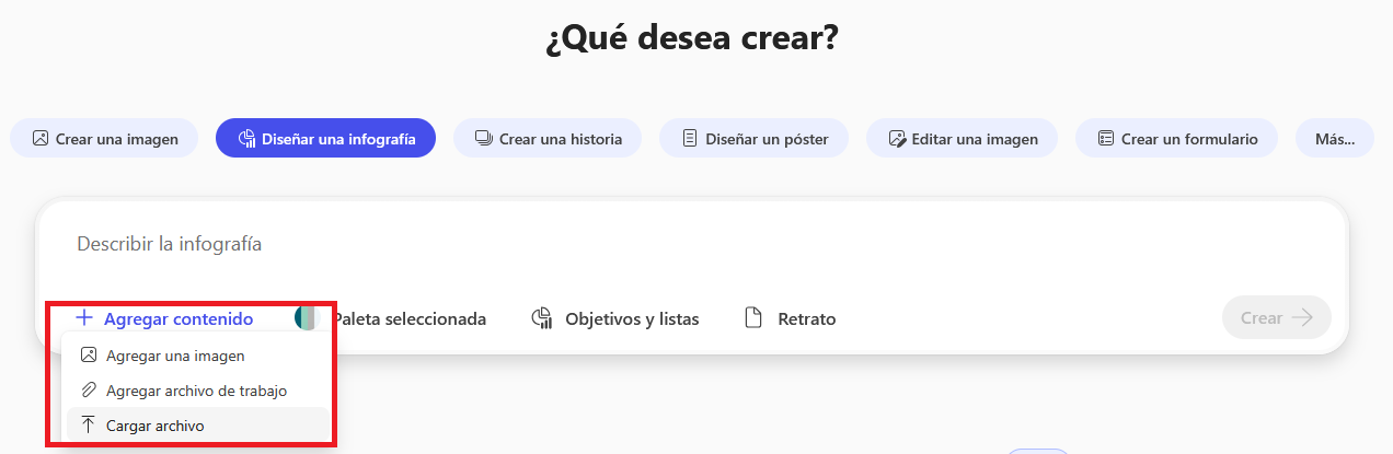 Pantallazo de herramienta Crear Infografía imagen. Agregar Contenido