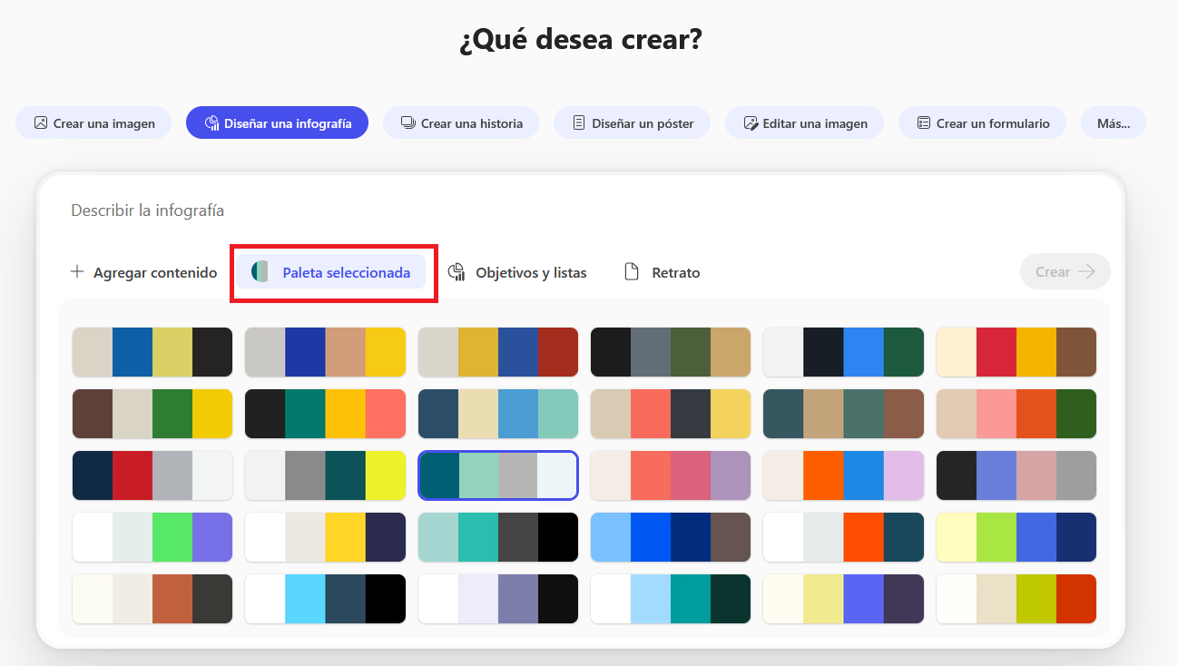 Pantallazo de herramienta Crear Infografía imagen. Paleta Seleccionada