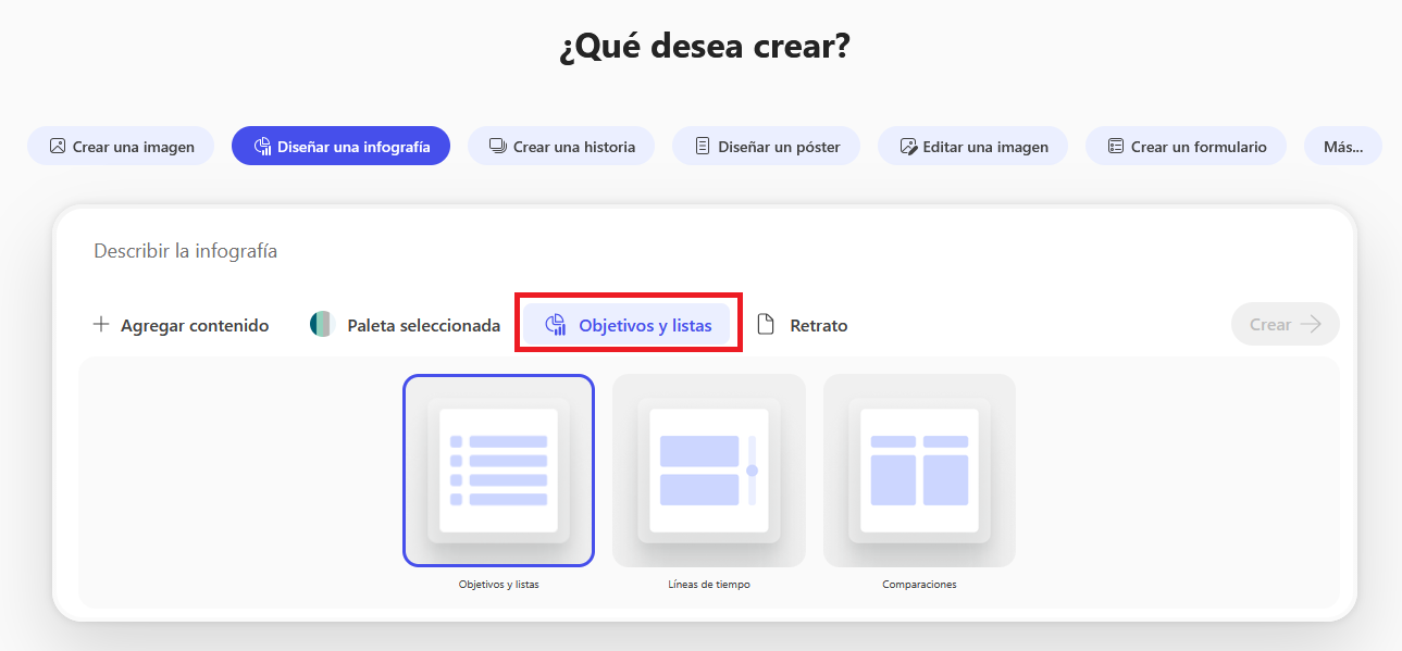 Pantallazo de herramienta Crear Infografía imagen. Objetivos y listas