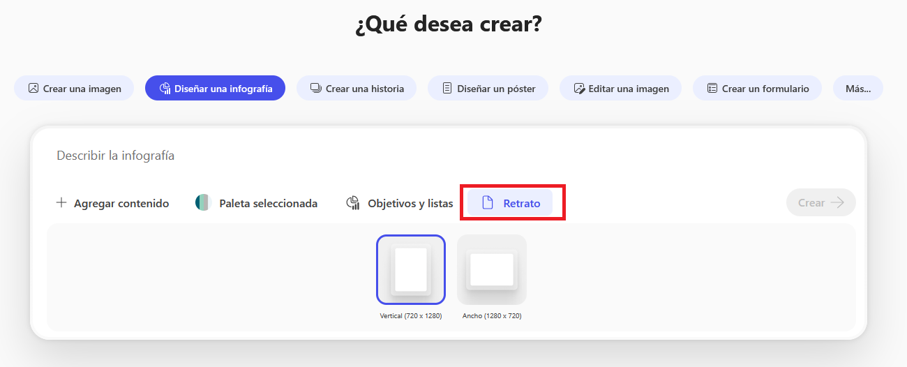 Pantallazo de herramienta Crear Infografía imagen. Retrato