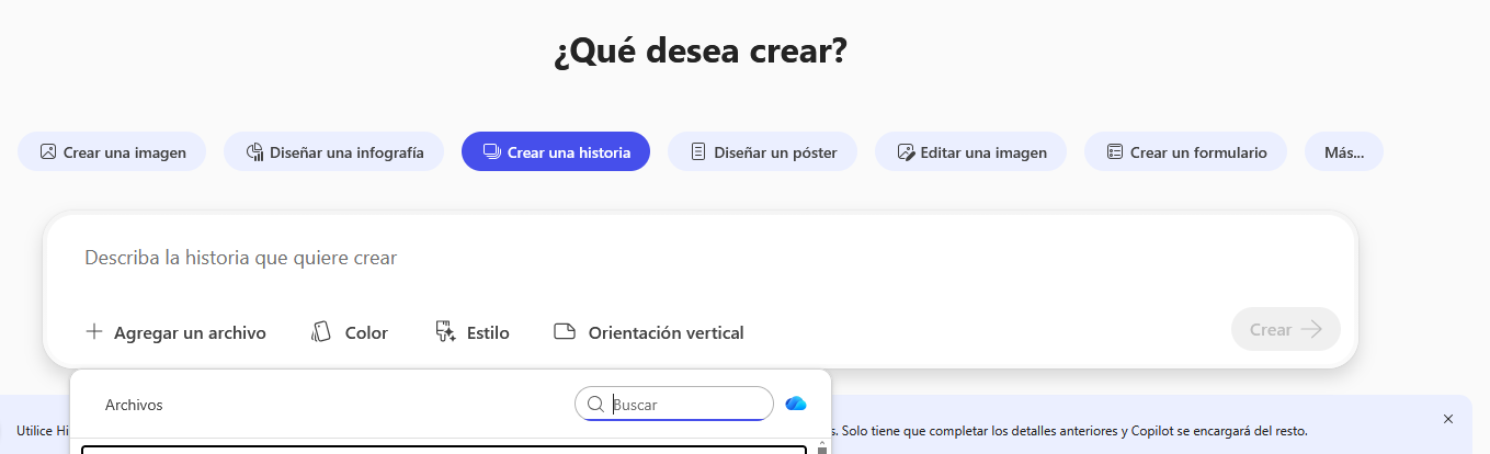 Pantallazo de herramienta Crear una historia. Agregar un archivo