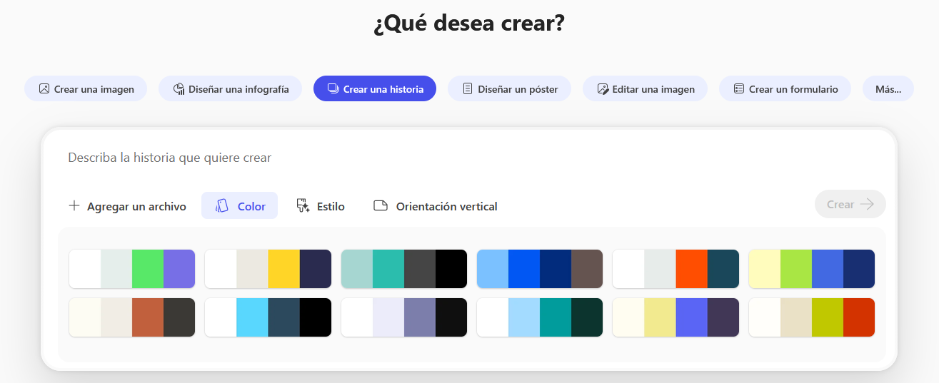 Pantallazo de herramienta Crear una historia. Color