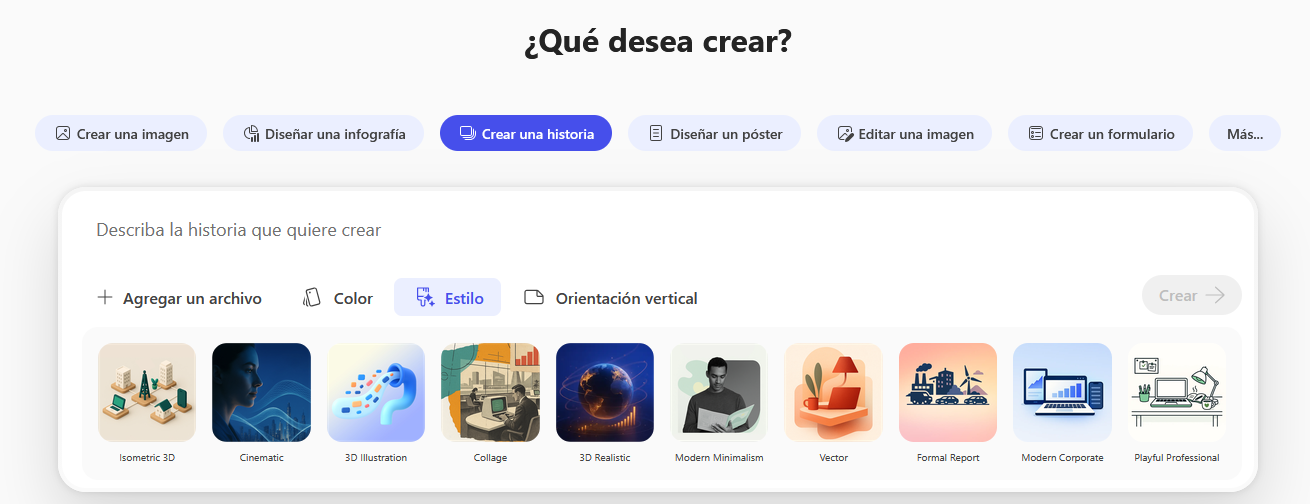 Pantallazo de herramienta Crear una historia. Estilo