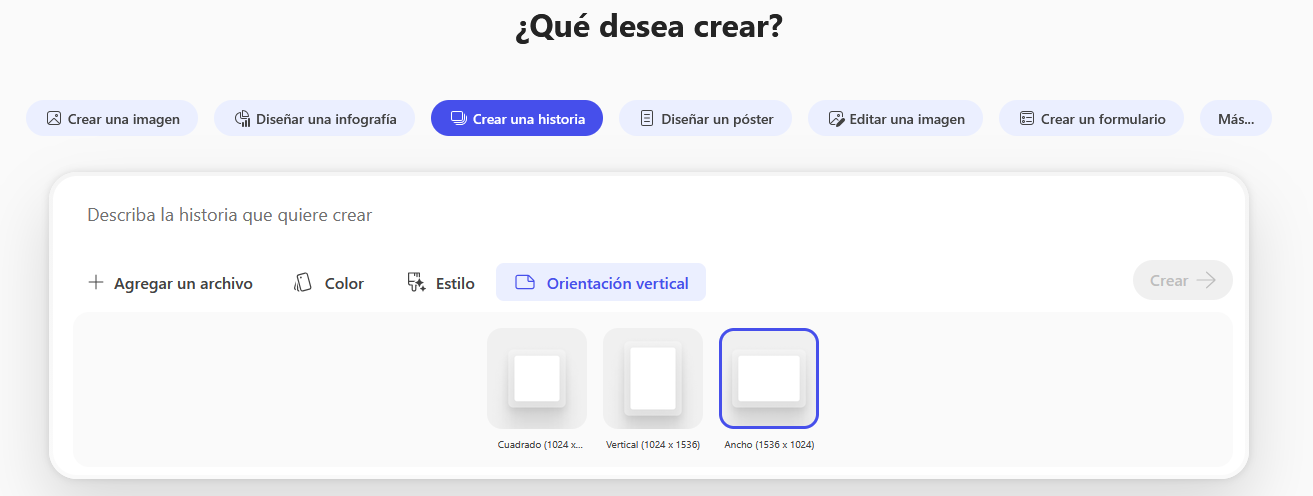Pantallazo de herramienta Crear una historia. Orientación