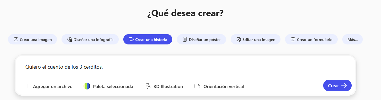 Pantallazo de herramienta Crear una historia. Ejemplo